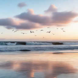 A serene ocean scene at dawn with the first light of the sun reflecting off the water