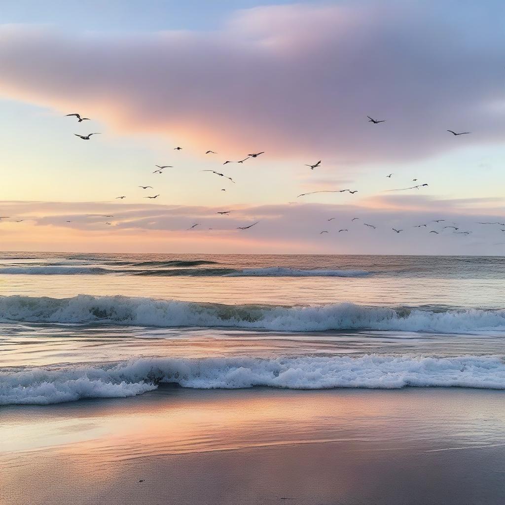 A serene ocean scene at dawn with the first light of the sun reflecting off the water