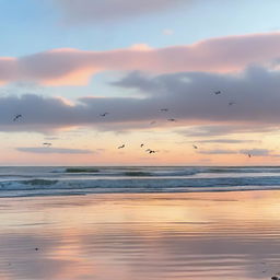 A serene ocean scene at dawn with the first light of the sun reflecting off the water