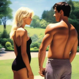 A scene featuring a tanned woman with dark hair standing with her back towards a taller blonde man