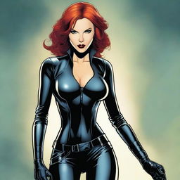 A detailed illustration of Black Widow from Marvel, wearing a seductive outfit