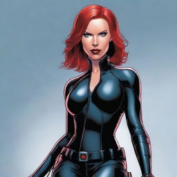 A detailed illustration of Black Widow from Marvel, wearing a seductive outfit