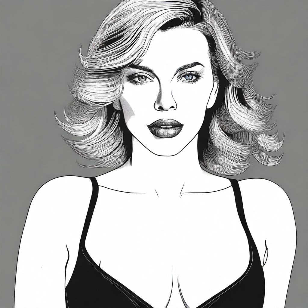 A detailed illustration of Scarlett Johansson wearing a black tight bra