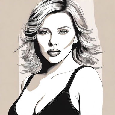 A detailed illustration of Scarlett Johansson wearing a black tight bra