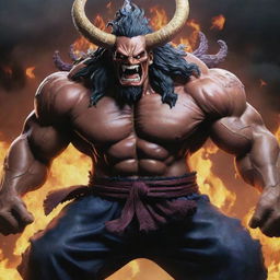 A detailed and visually striking image of Kaido from One Piece. He is a large, muscular, dragon-like creature with an ominous aura.