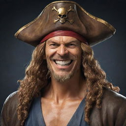 Create an image of Gol D. Roger, famously known as Gold Roger, the former Pirate King from One Piece. Show him with his distinctive pirate hat and wide grin.