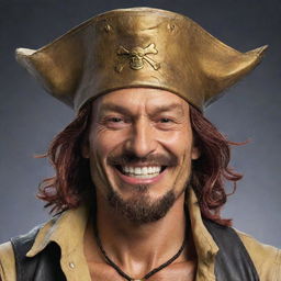 Create an image of Gol D. Roger, famously known as Gold Roger, the former Pirate King from One Piece. Show him with his distinctive pirate hat and wide grin.