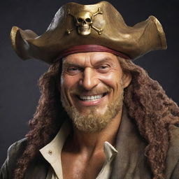 Create an image of Gol D. Roger, famously known as Gold Roger, the former Pirate King from One Piece. Show him with his distinctive pirate hat and wide grin.