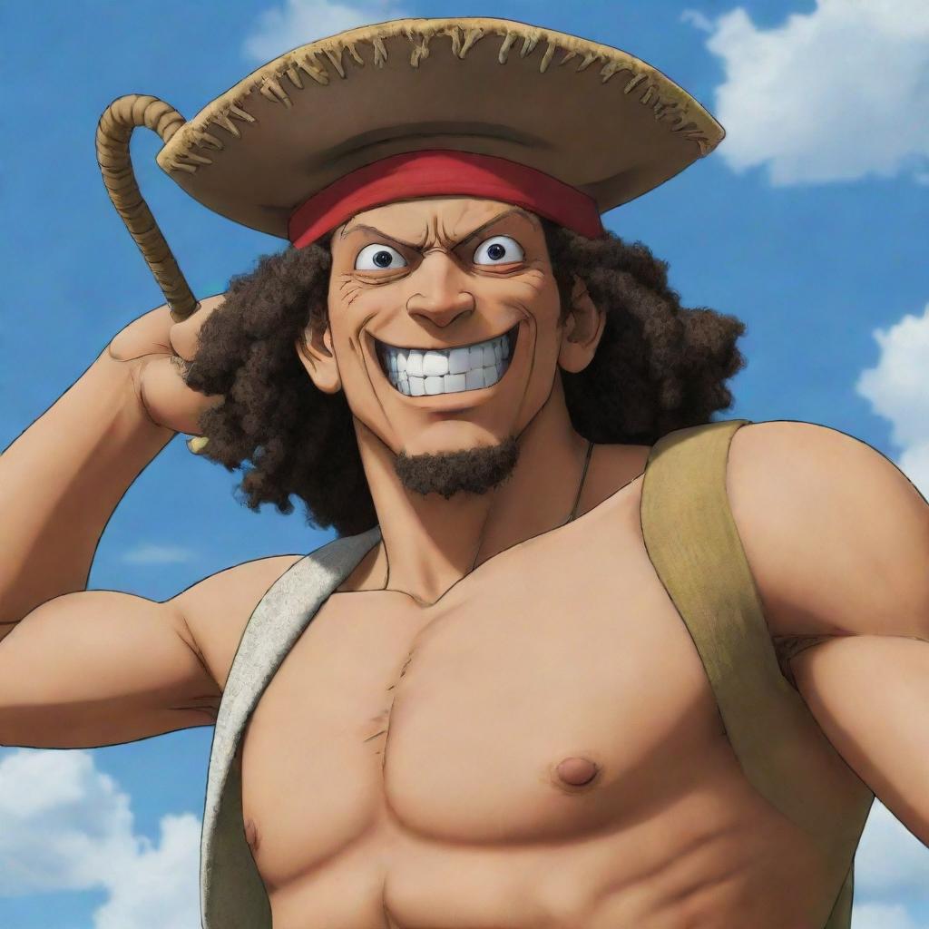 An image of God Usopp, a character from One Piece with long curly hair, a large pointy nose, and a slingshot. He's in a heroic pose symbolizing his 'godly' status.