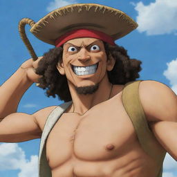 An image of God Usopp, a character from One Piece with long curly hair, a large pointy nose, and a slingshot. He's in a heroic pose symbolizing his 'godly' status.