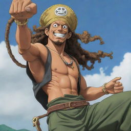 An image of God Usopp, a character from One Piece with long curly hair, a large pointy nose, and a slingshot. He's in a heroic pose symbolizing his 'godly' status.