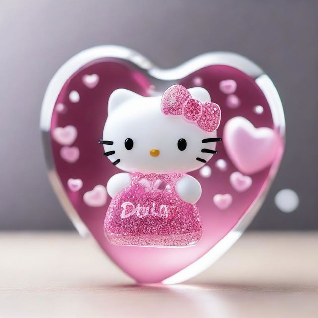 A beautiful image of a crystal Hello Kitty figurine placed inside a heart shape