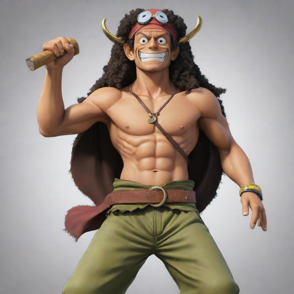 An image of God Usopp, a character from One Piece with long curly hair, a large pointy nose, and a slingshot. He's in a heroic pose symbolizing his 'godly' status.