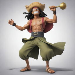 An image of God Usopp, a character from One Piece with long curly hair, a large pointy nose, and a slingshot. He's in a heroic pose symbolizing his 'godly' status.