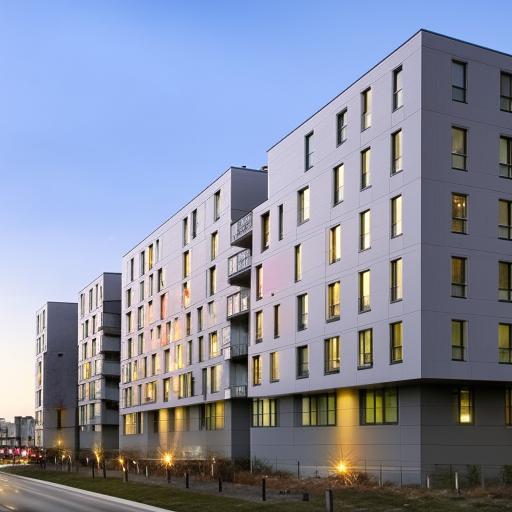 Modern, architecturally striking flats with spacious balconies, large windows, and a sleek exterior design in an urban setting