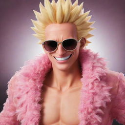 Create an engaging image of Doquixote Doflamingo from One Piece. He has spiky, blond, feathery hair, wears a large pink feather coat, sunglasses, and always sports a confident, sinister smile. 