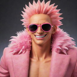 Create an engaging image of Doquixote Doflamingo from One Piece. He has spiky, blond, feathery hair, wears a large pink feather coat, sunglasses, and always sports a confident, sinister smile. 