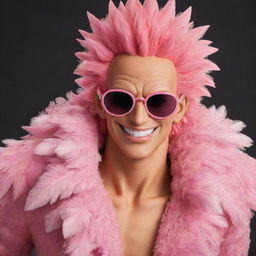 Create an engaging image of Doquixote Doflamingo from One Piece. He has spiky, blond, feathery hair, wears a large pink feather coat, sunglasses, and always sports a confident, sinister smile. 