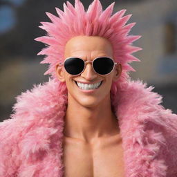 Create an engaging image of Doquixote Doflamingo from One Piece. He has spiky, blond, feathery hair, wears a large pink feather coat, sunglasses, and always sports a confident, sinister smile. 