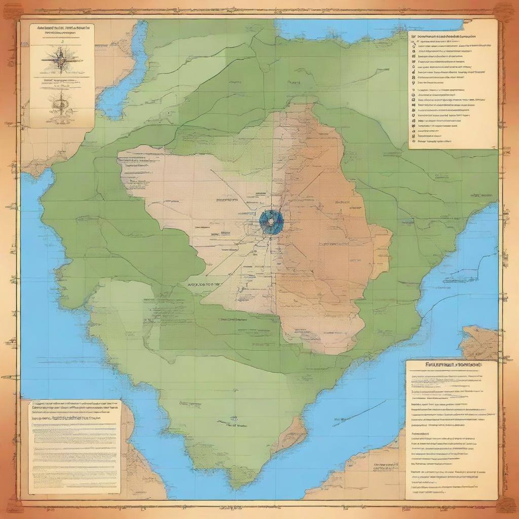 A detailed map with a grid overlay, showing various terrains, landmarks, and geographical features