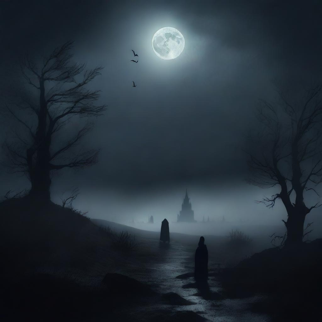 A dark and mysterious landscape with a moonlit sky, shadowy figures in the distance, and a sense of eerie calm