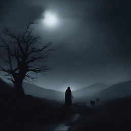 A dark and mysterious landscape with a moonlit sky, shadowy figures in the distance, and a sense of eerie calm