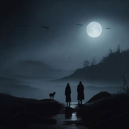 A dark and mysterious landscape with a moonlit sky, shadowy figures in the distance, and a sense of eerie calm