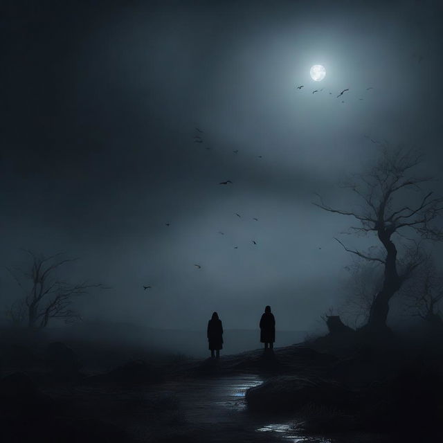 A dark and mysterious landscape with a moonlit sky, shadowy figures in the distance, and a sense of eerie calm