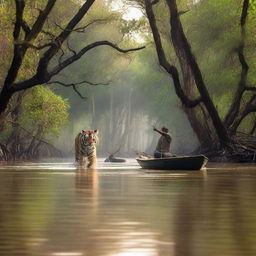 A dramatic scene in the Sundarban mangrove forest, where a tiger is attacking a poor fisherman