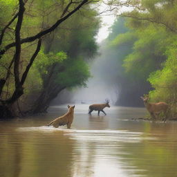 A dramatic scene in the Sundarban mangrove forest, where a tiger is attacking a poor fisherman