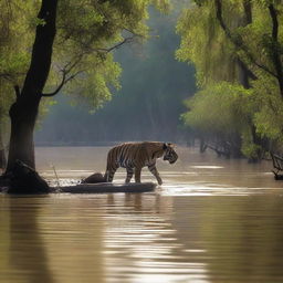 A dramatic scene in the Sundarban mangrove forest, where a tiger is attacking a poor fisherman