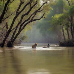 A dramatic scene in the Sundarban mangrove forest, where a tiger is attacking a poor fisherman