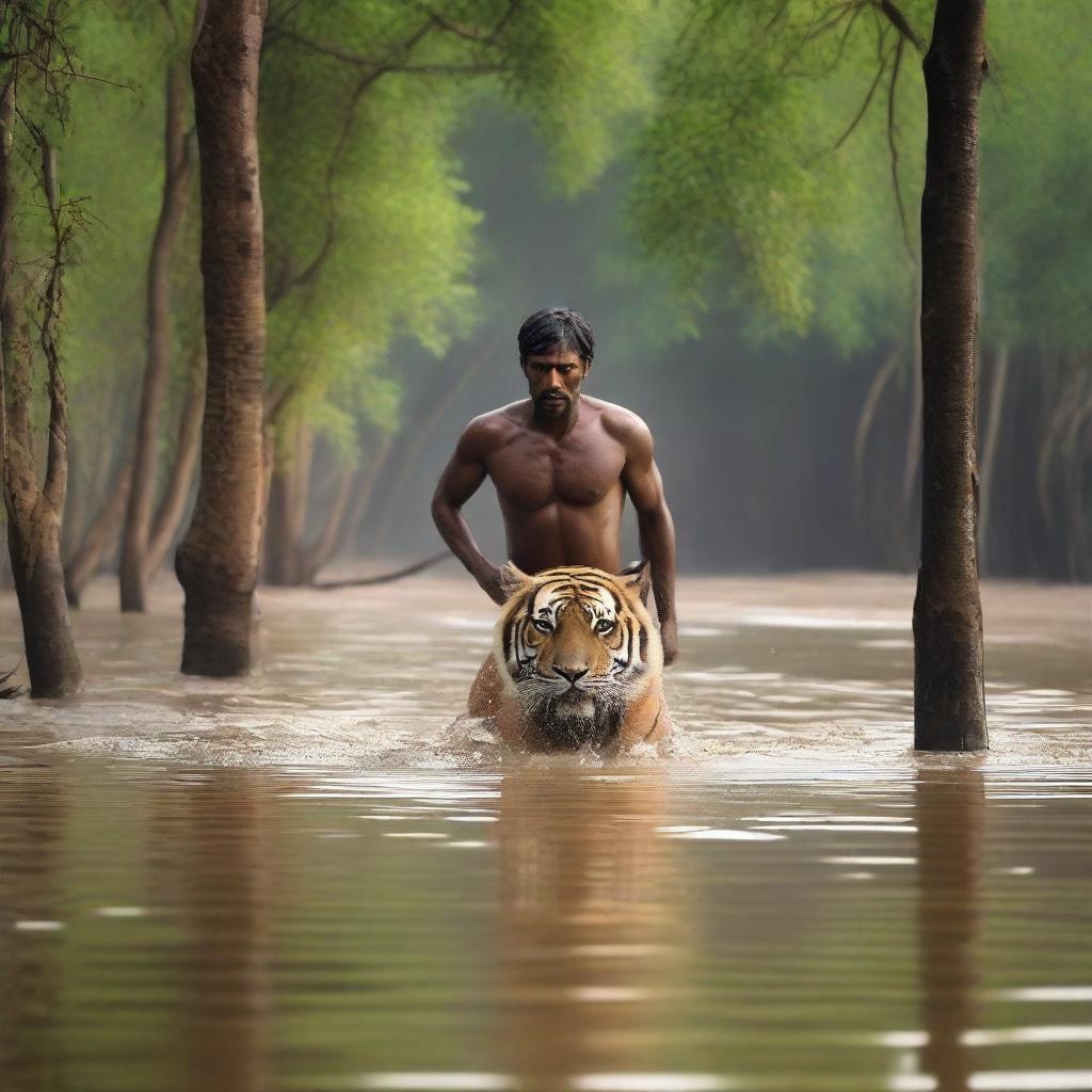 A dramatic scene in the Sundarban mangrove forest where a tiger is attacking a poor fisherman