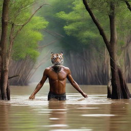 A dramatic scene in the Sundarban mangrove forest where a tiger is attacking a poor fisherman