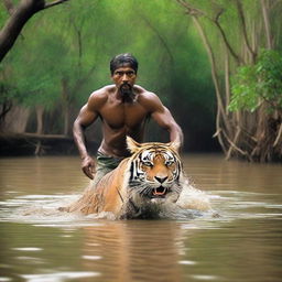 A dramatic scene in the Sundarban mangrove forest where a tiger is attacking a poor fisherman