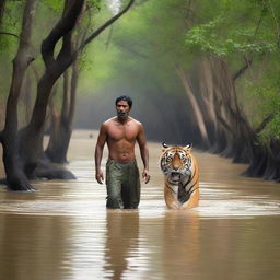 A dramatic scene in the Sundarban mangrove forest where a tiger is attacking a poor fisherman