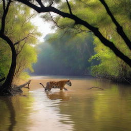 A vivid scene in the Sundarban mangrove forest where a tiger is hunting a fisherman