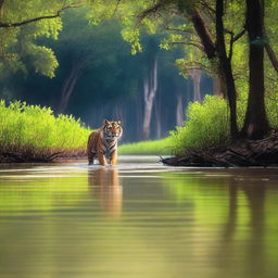 A vivid scene in the Sundarban mangrove forest where a tiger is hunting a fisherman