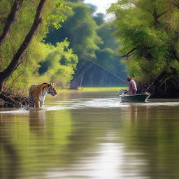 A vivid scene in the Sundarban mangrove forest where a tiger is hunting a fisherman