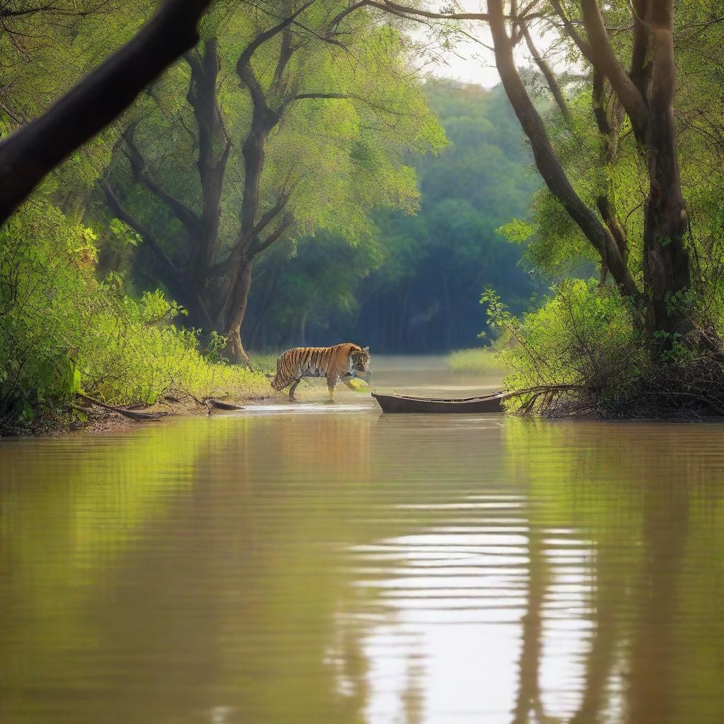 A vivid scene in the Sundarban mangrove forest where a tiger is hunting a fisherman