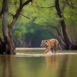 A majestic tiger leaps towards a fisherman standing in the dense mangrove forest of Sundarban