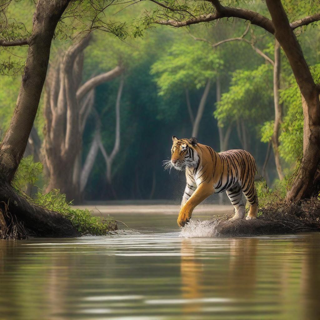 A majestic tiger leaps towards a fisherman standing in the dense mangrove forest of Sundarban