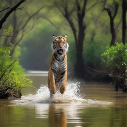 A majestic tiger leaps towards a fisherman standing in the dense mangrove forest of Sundarban