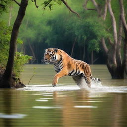 A majestic tiger leaps towards a fisherman standing in the dense mangrove forest of Sundarban