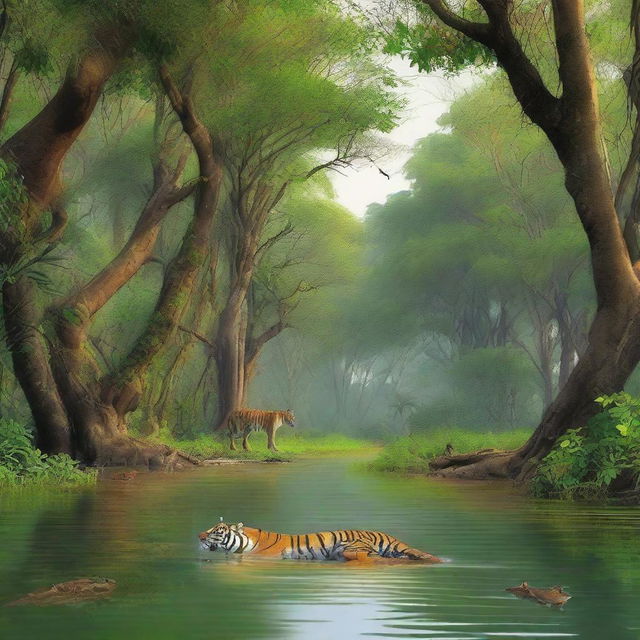 A detailed and vibrant scene of the Sundarban mangrove forest