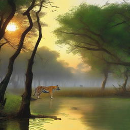 A detailed and vibrant scene of the Sundarban mangrove forest at sunrise