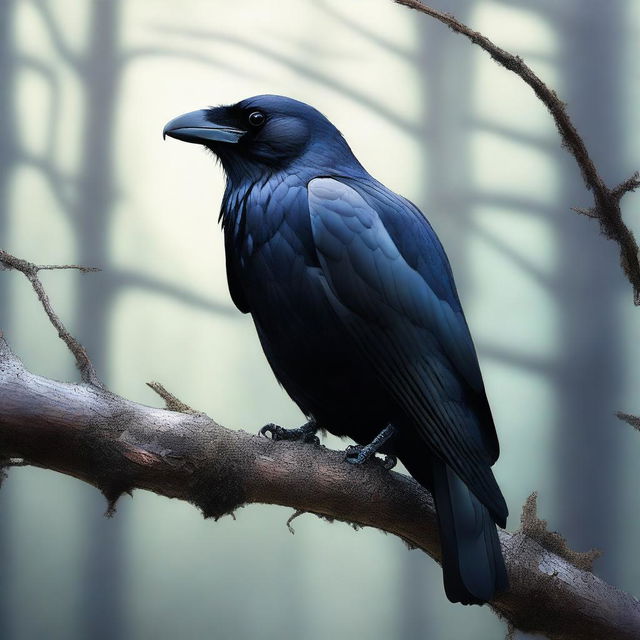 A detailed and realistic image of a majestic raven perched on a branch, with its glossy black feathers shimmering in the light