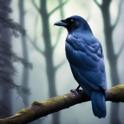 A detailed and realistic image of a majestic raven perched on a branch, with its glossy black feathers shimmering in the light