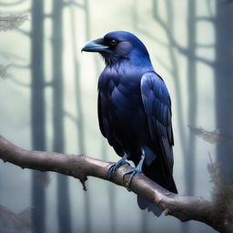 A detailed and realistic image of a majestic raven perched on a branch, with its glossy black feathers shimmering in the light