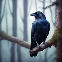 A detailed and realistic image of a majestic raven perched on a branch, with its glossy black feathers shimmering in the light